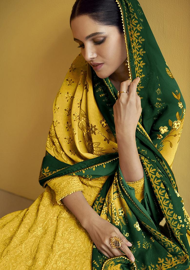 Yellow Embroidered Georgette Salwar Kameez With Dupatta - Indya