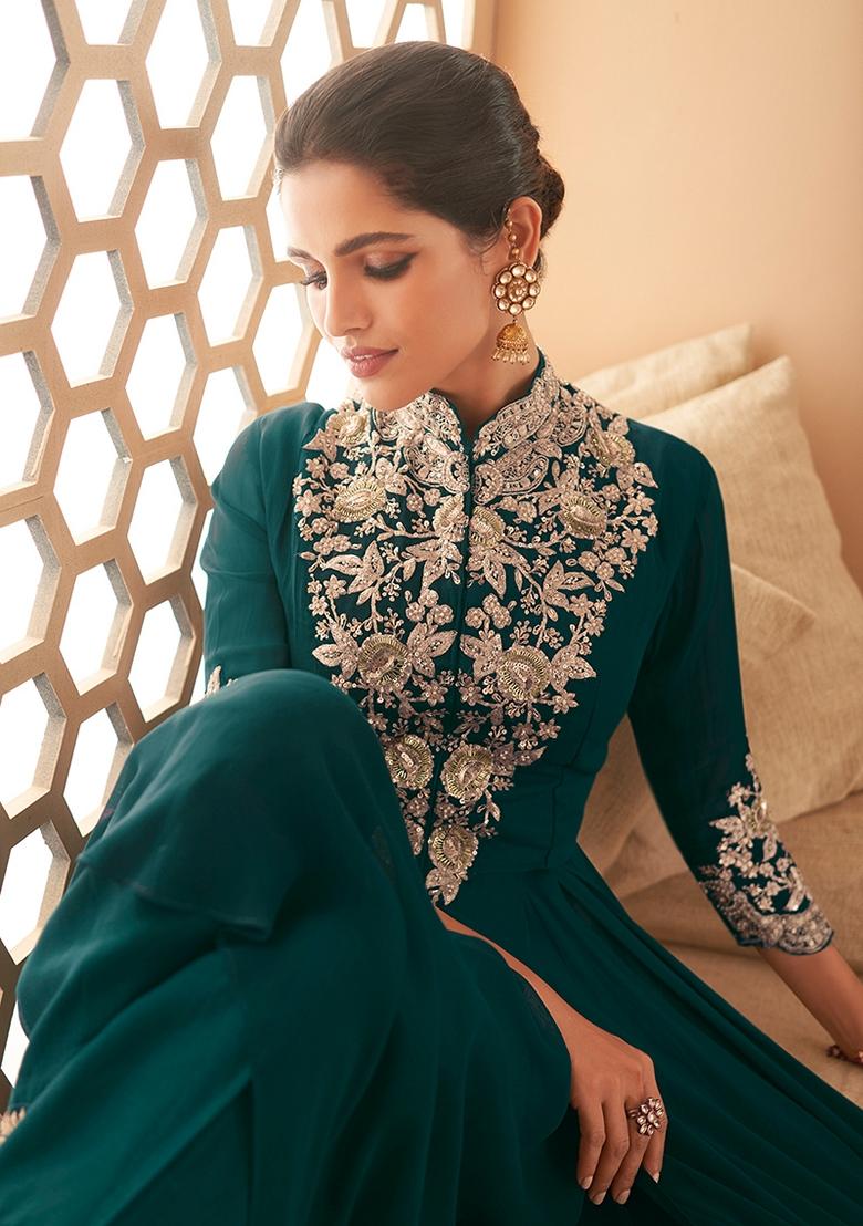 Green Embroidered Georgette Salwar Kameez With Dupatta - Indya