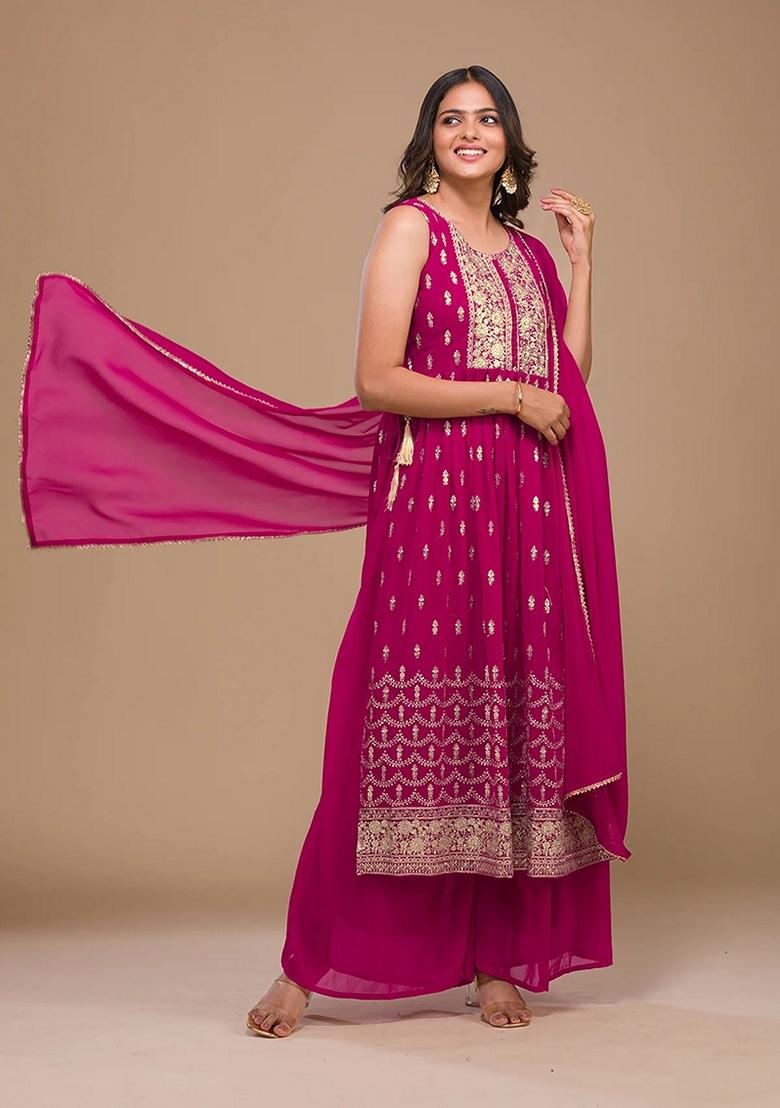 Purple Embroidered Georgette Salwar Kameez With Dupatta - Indya