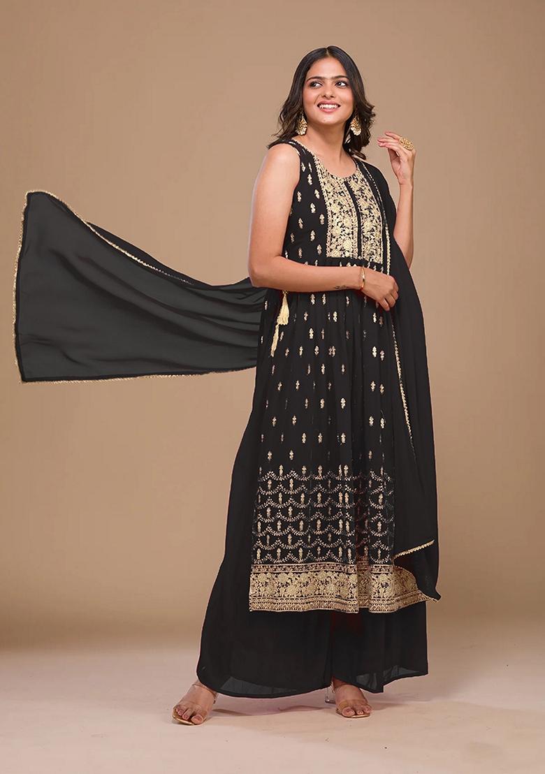 Black Embroidered Georgette Salwar Kameez With Dupatta - Indya