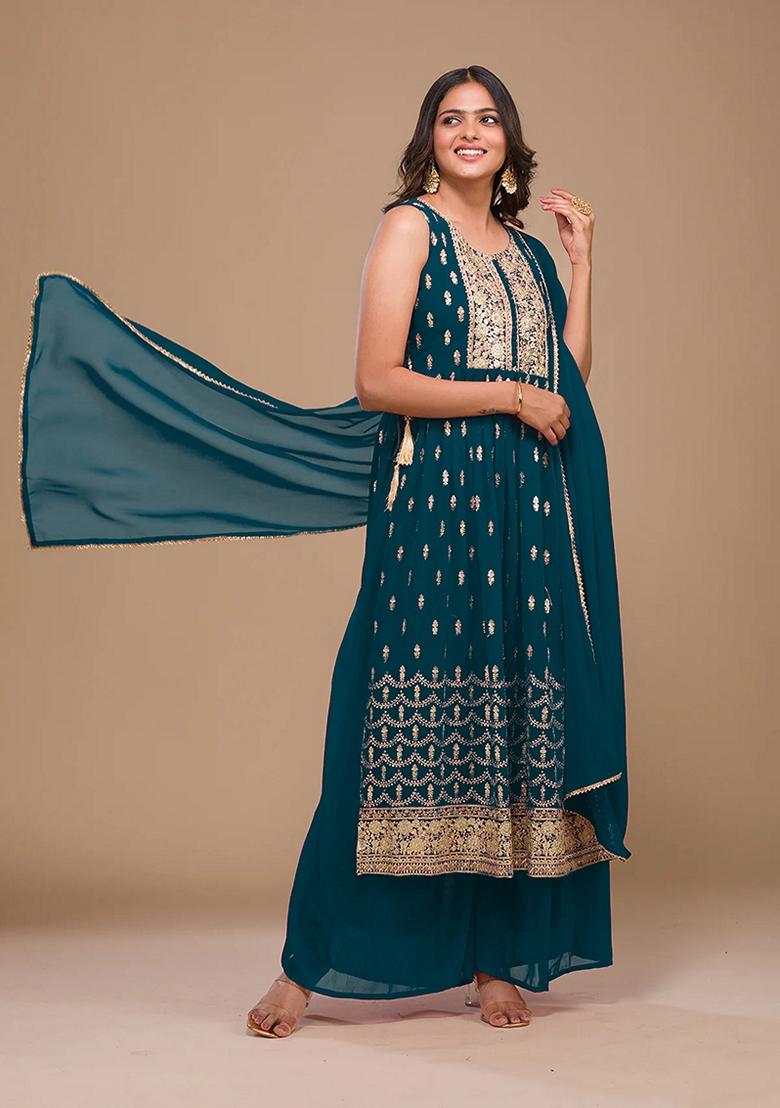 Blue Embroidered Georgette Salwar Kameez With Dupatta - Indya