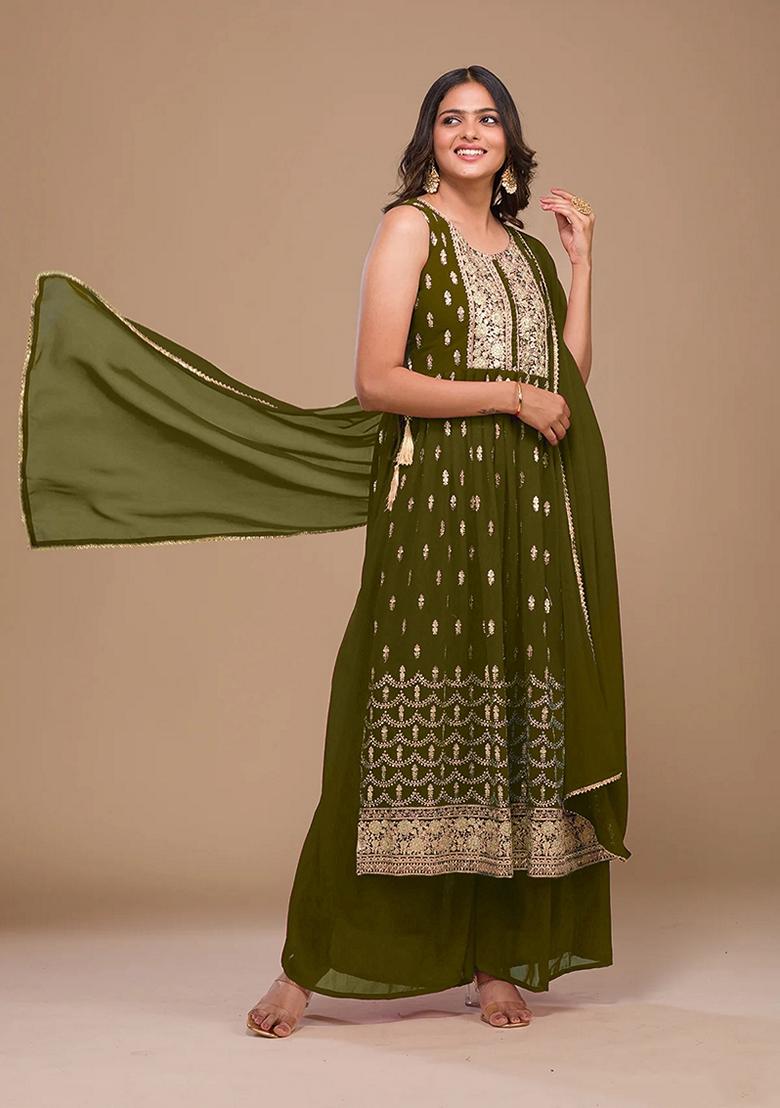 Olive Embroidered Georgette Salwar Kameez With Dupatta - Indya