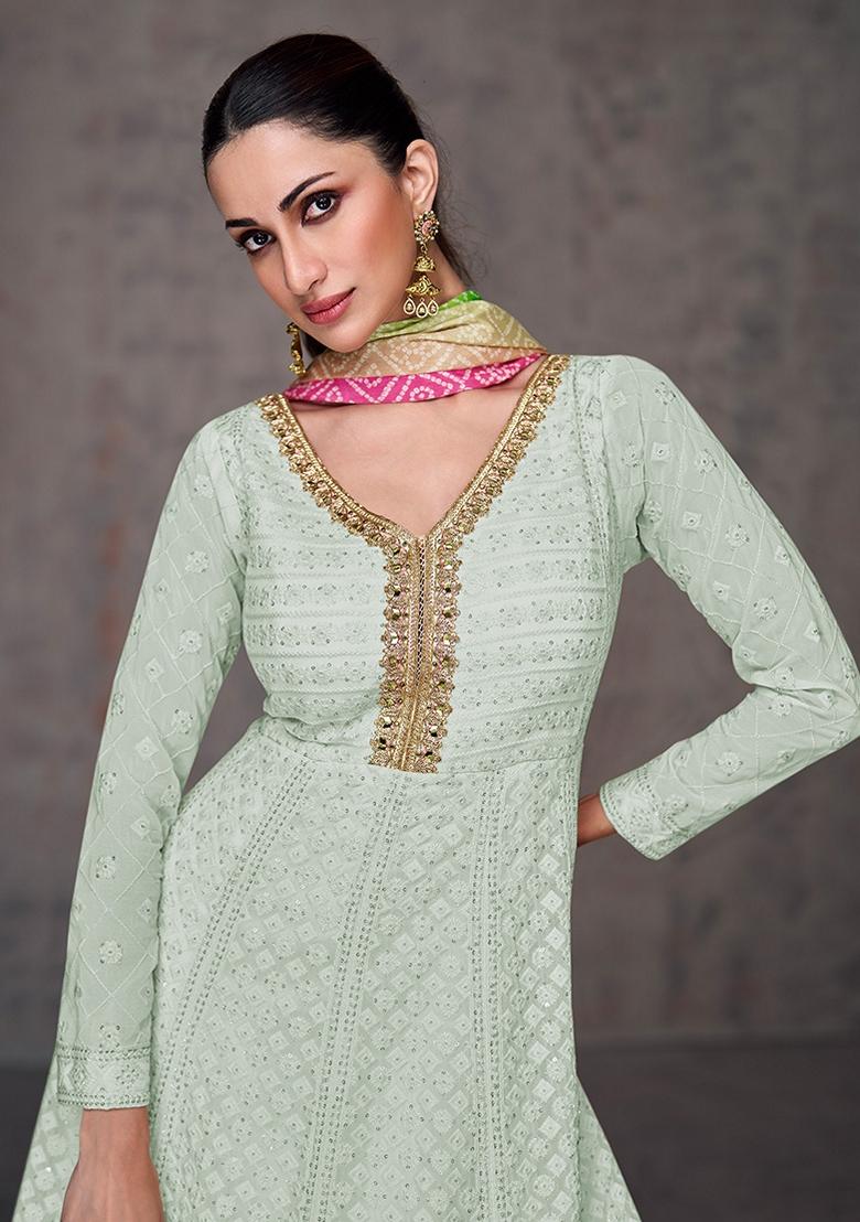 Green Embroidered Georgette Salwar Kameez With Dupatta - Indya