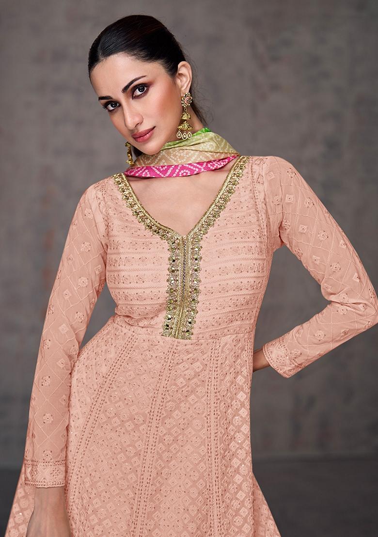 Peach Embroidered Georgette Salwar Kameez With Dupatta - Indya