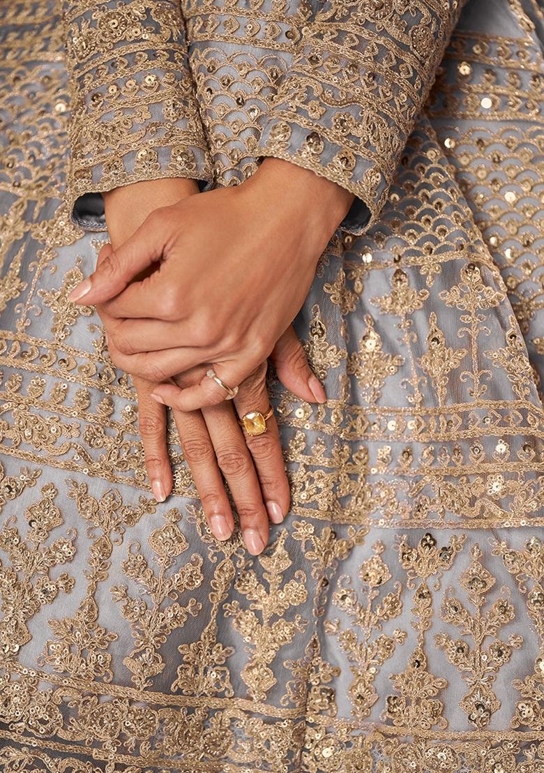 Blue Embroidered Net Salwar Kameez With Dupatta - Indya