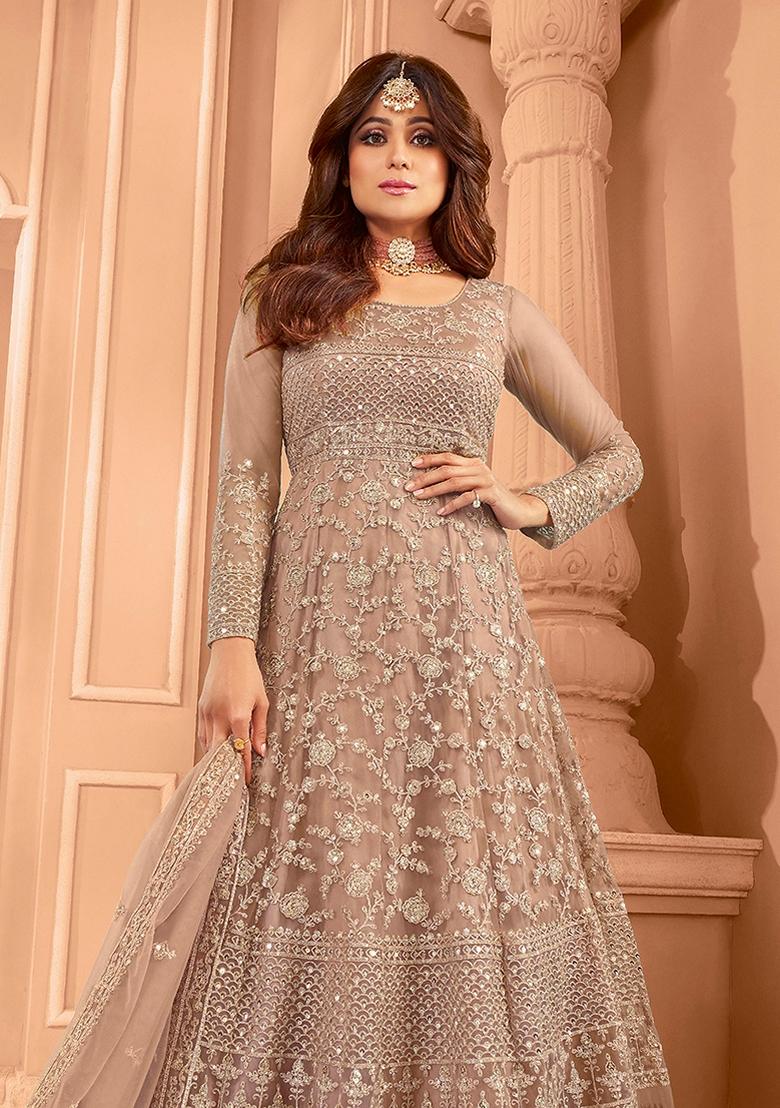 Brown Embroidered Net Salwar Kameez With Dupatta - Indya