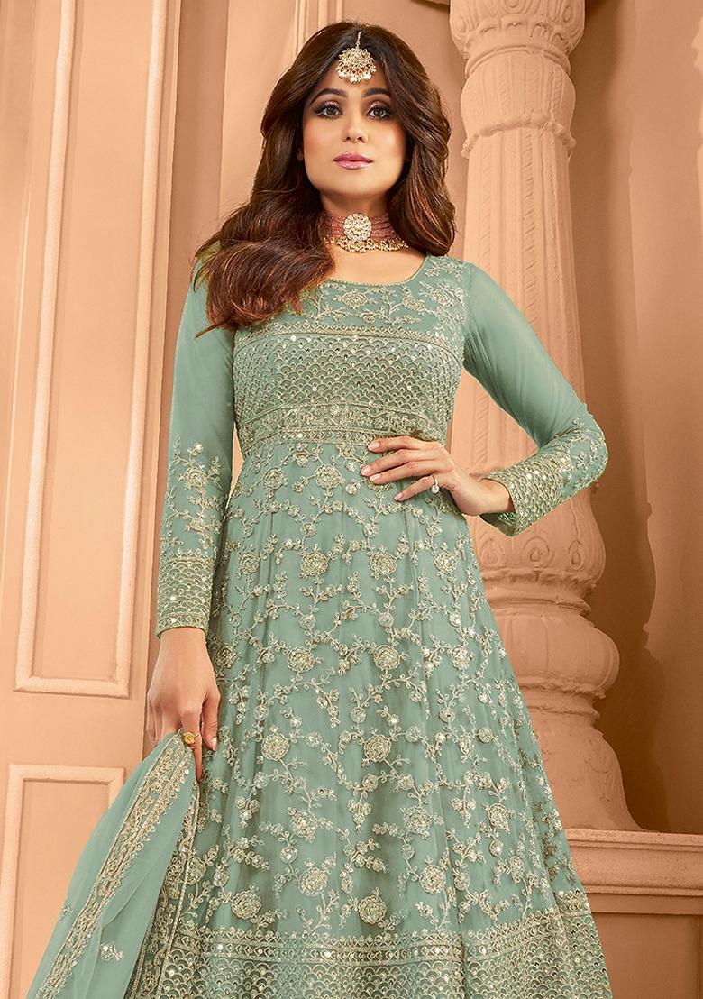 Blue Embroidered Net Salwar Kameez With Dupatta - Indya