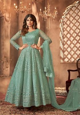 Green Embroidered Net Salwar Kameez With Dupatta