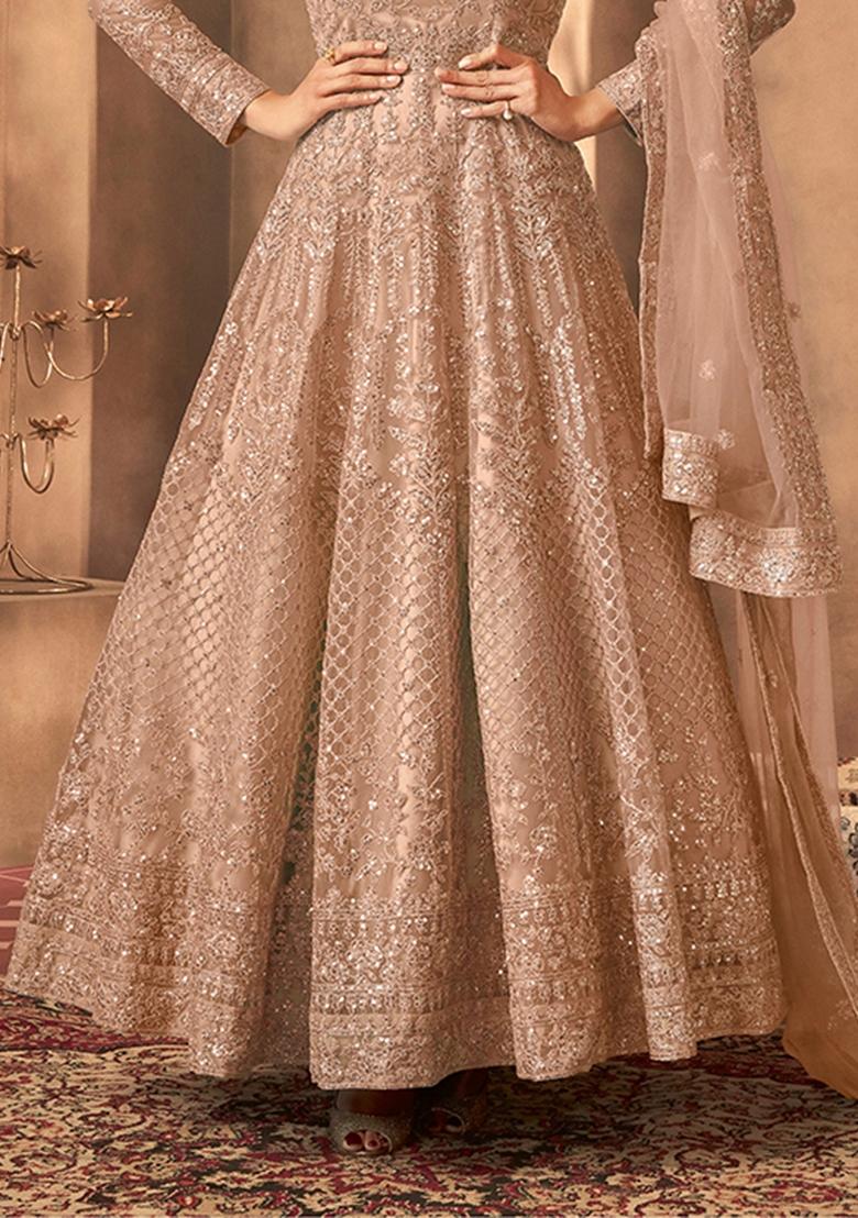 Peach Embroidered Net Salwar Kameez With Dupatta - Indya