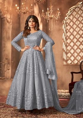 Grey Embroidered Net Salwar Kameez With Dupatta