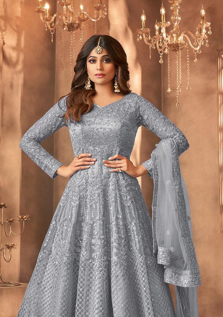 Grey Embroidered Net Salwar Kameez With Dupatta - Indya