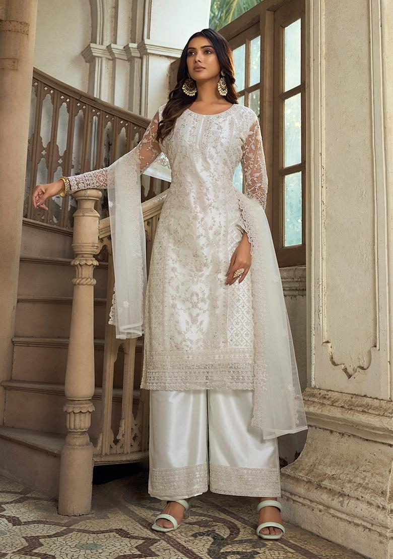 White Embroidered Net Salwar Kameez With Dupatta - Indya