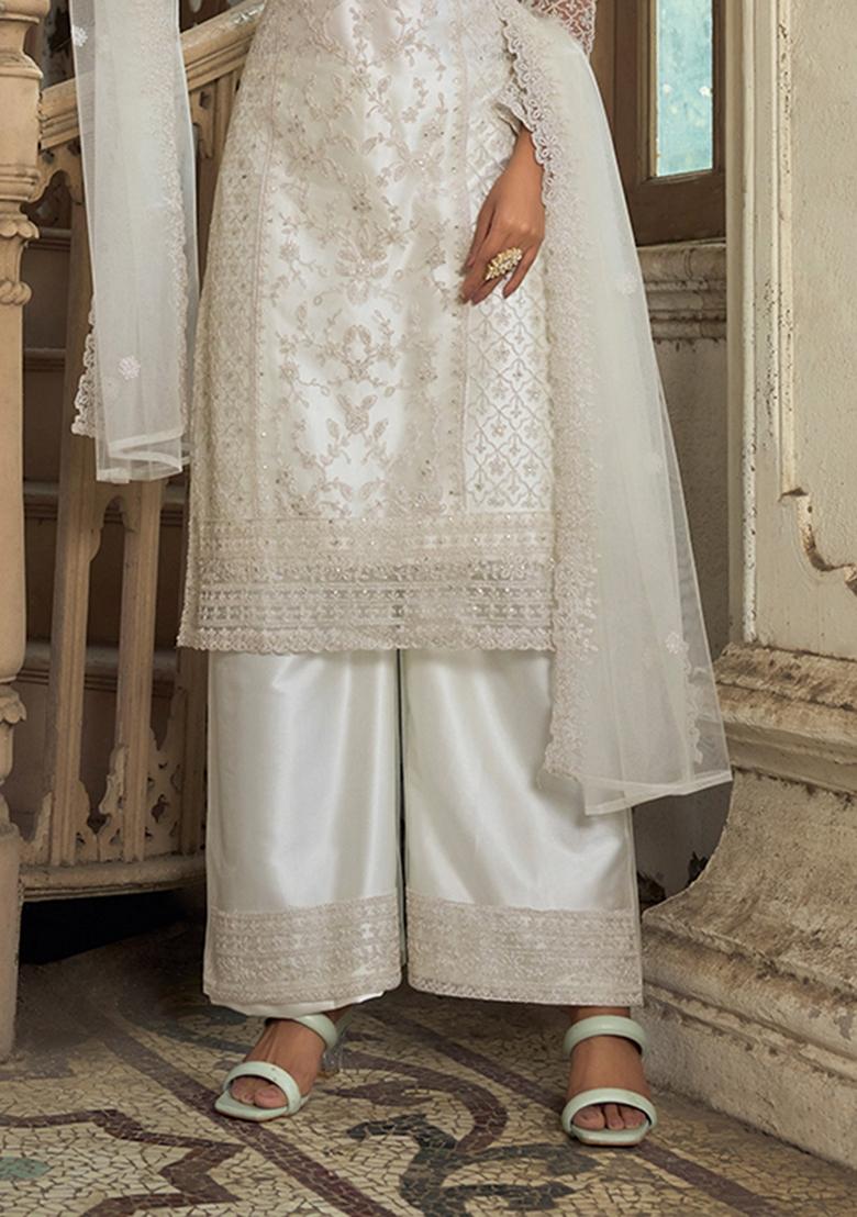 White Embroidered Net Salwar Kameez With Dupatta - Indya