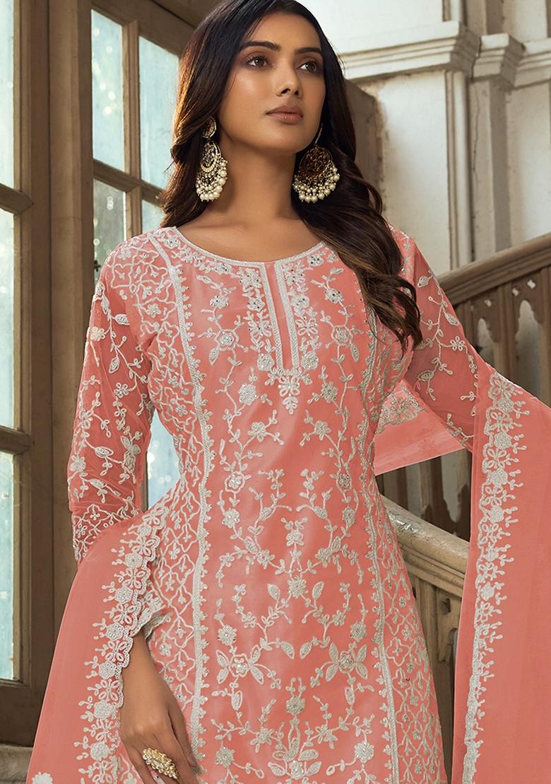Peach Embroidered Net Salwar Kameez With Dupatta - Indya