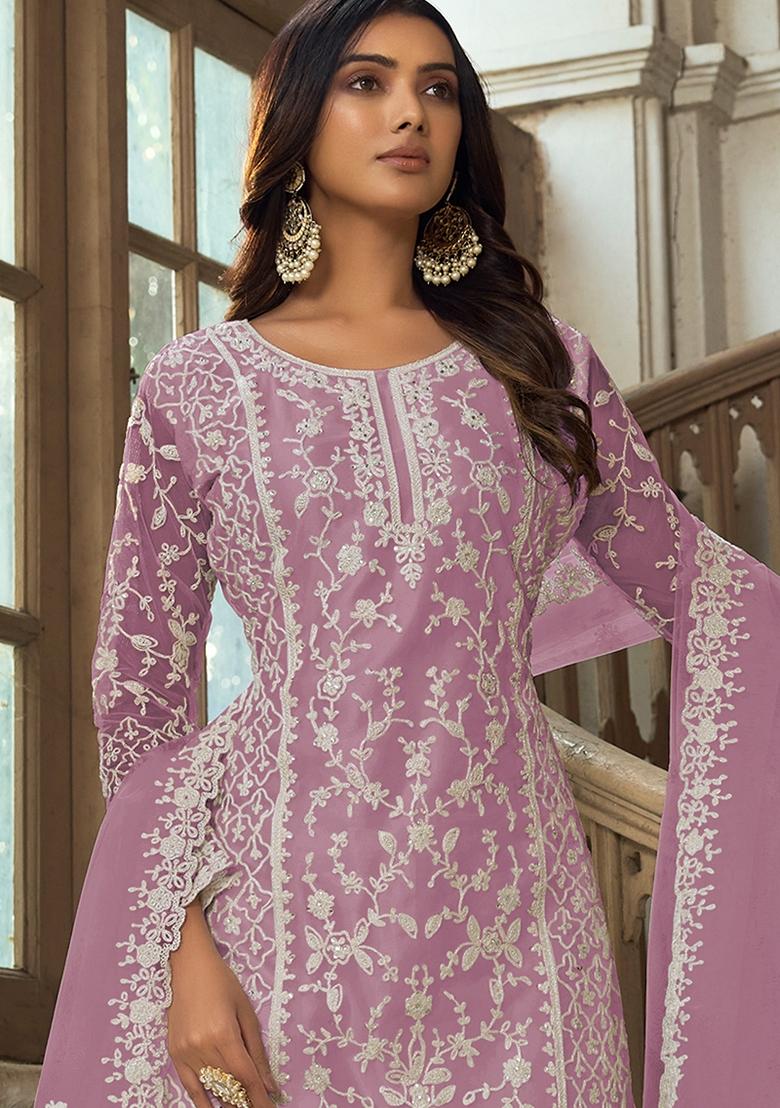 Purple Embroidered Net Salwar Kameez With Dupatta - Indya