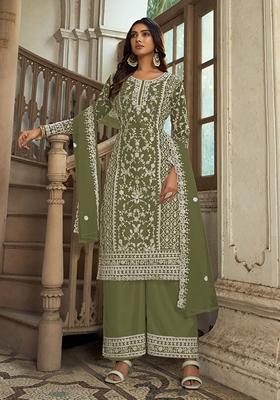 Olive Embroidered Net Salwar Kameez With Dupatta