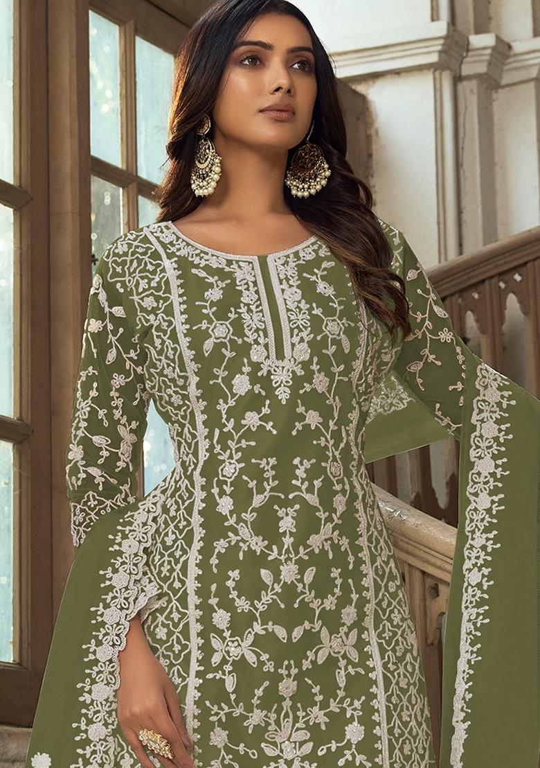 Olive Embroidered Net Salwar Kameez With Dupatta - Indya