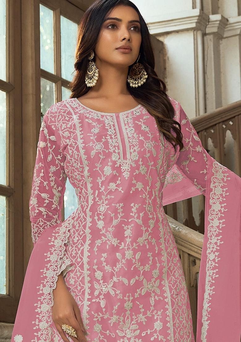 Pink Embroidered Net Salwar Kameez With Dupatta - Indya