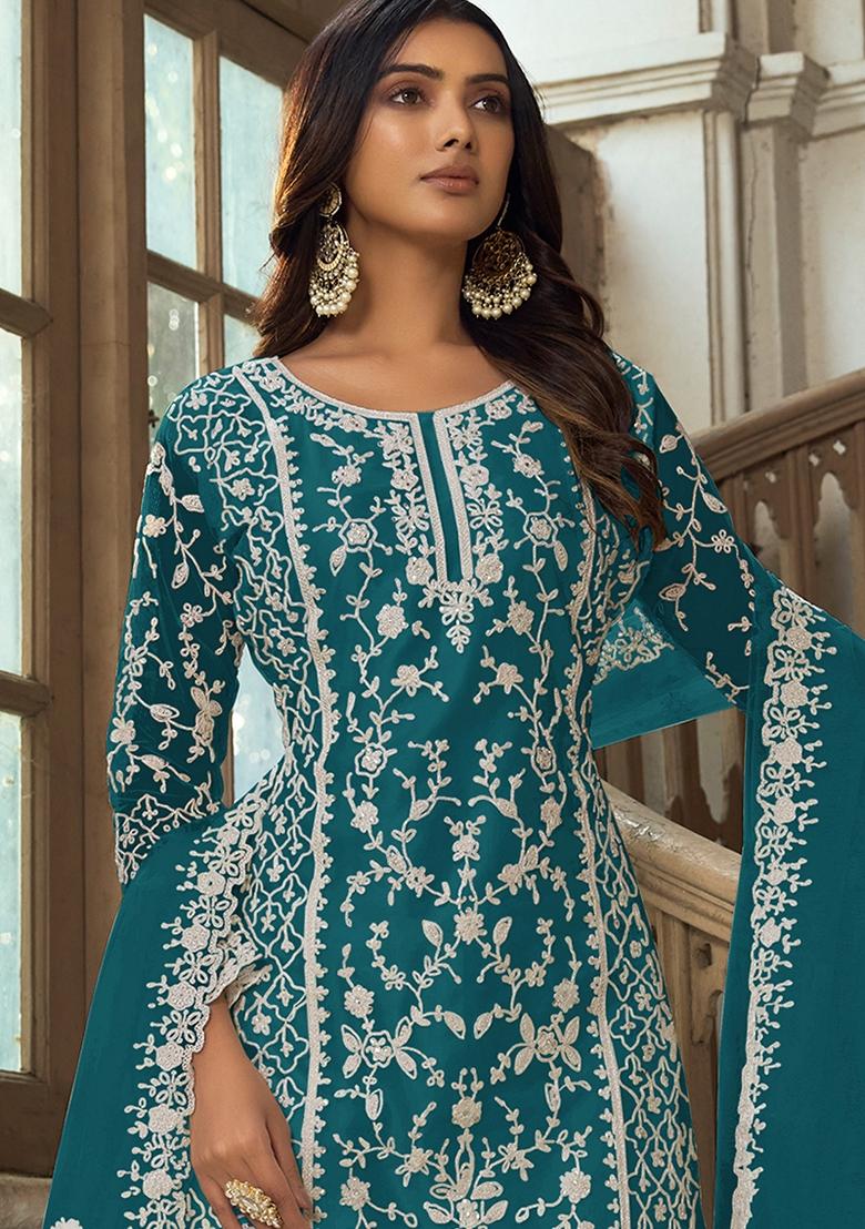 Blue Embroidered Net Salwar Kameez With Dupatta - Indya