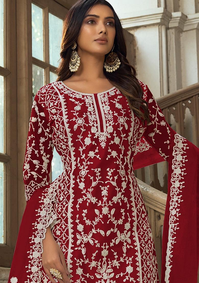 Maroon Embroidered Net Salwar Kameez With Dupatta - Indya