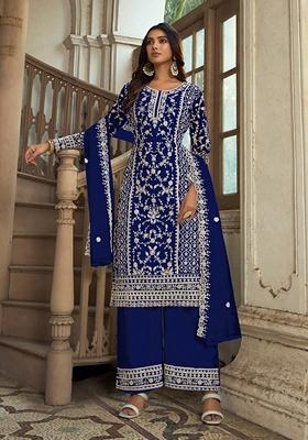 Blue Embroidered Net Salwar Kameez With Dupatta