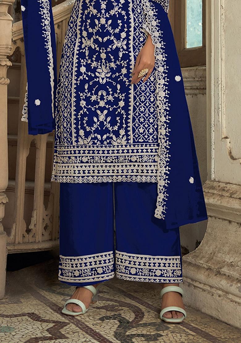 Blue Embroidered Net Salwar Kameez With Dupatta - Indya