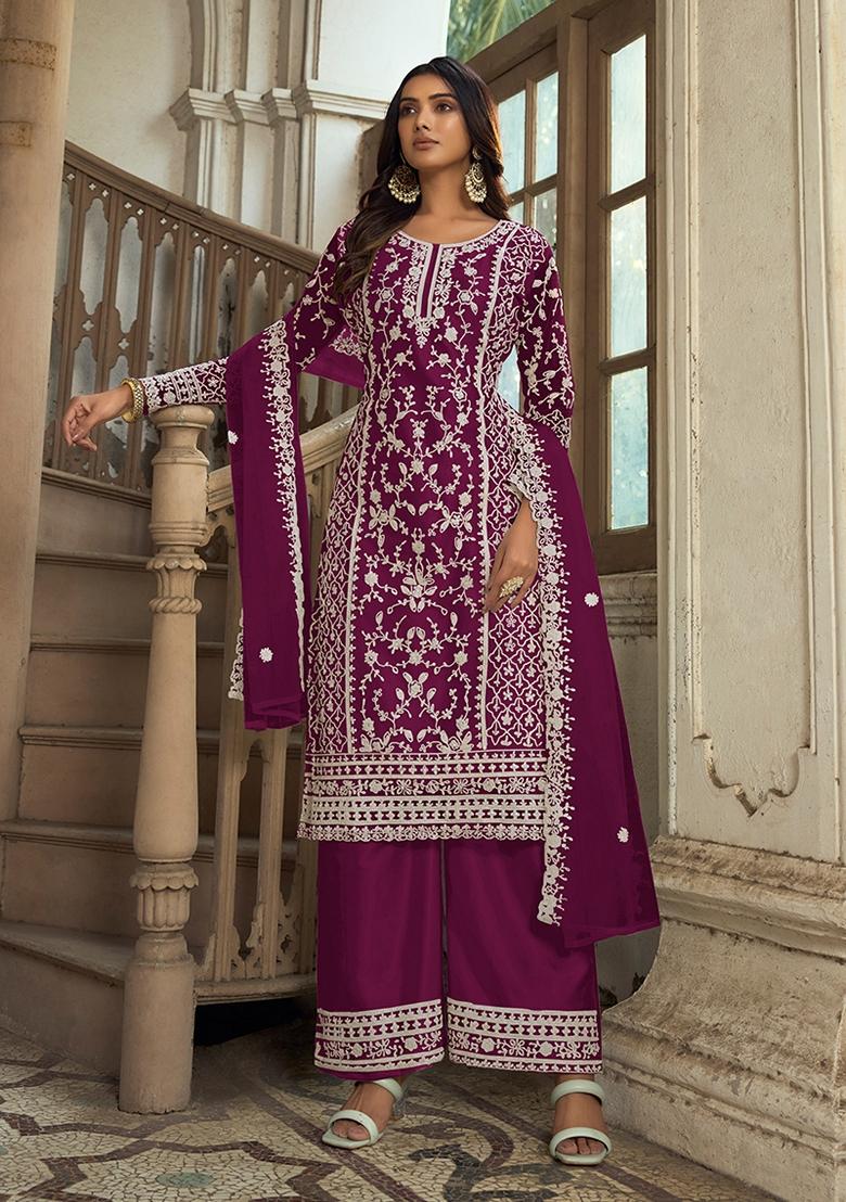 Purple Embroidered Net Salwar Kameez With Dupatta - Indya