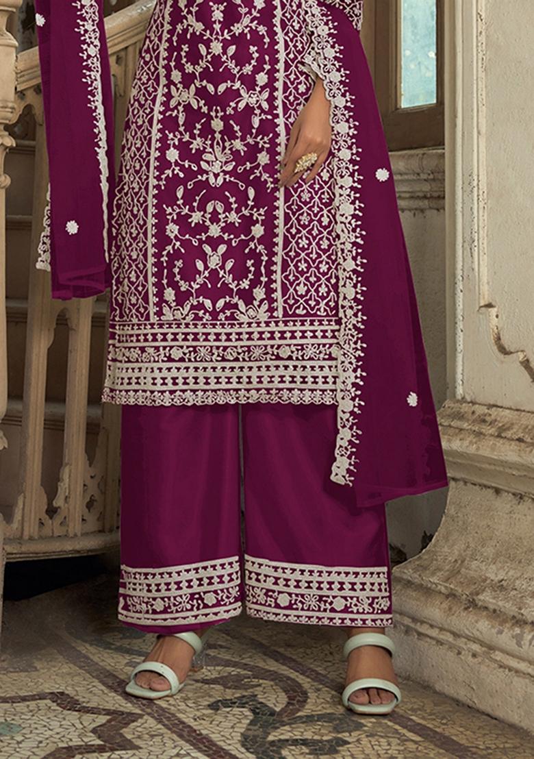 Purple Embroidered Net Salwar Kameez With Dupatta - Indya