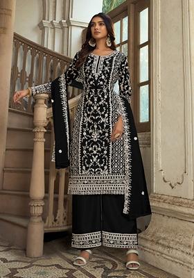 Black Embroidered Net Salwar Kameez With Dupatta