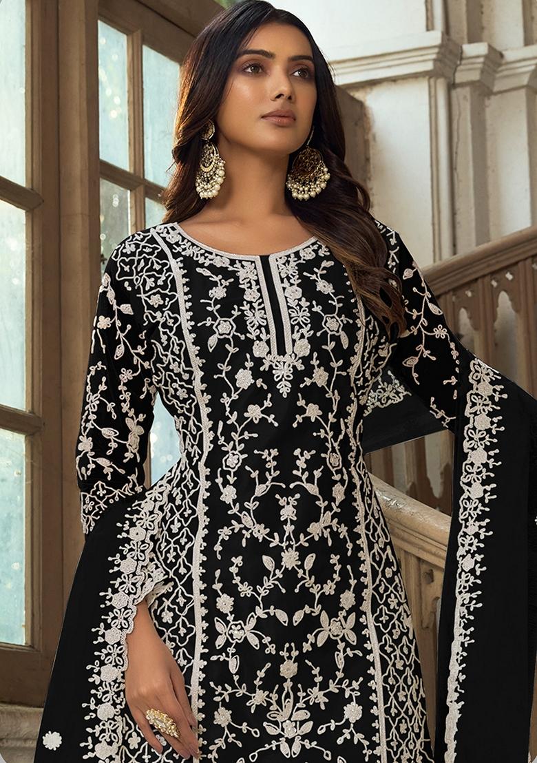 Black Embroidered Net Salwar Kameez With Dupatta - Indya
