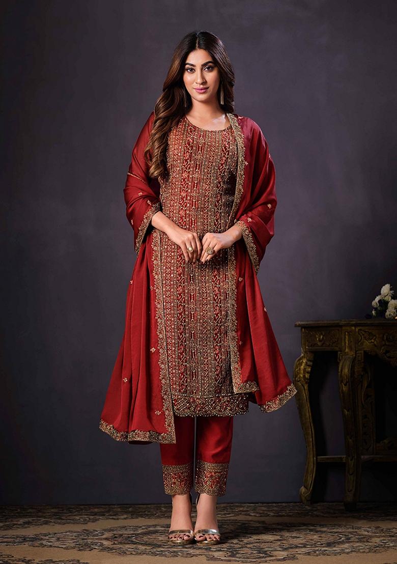 Red Embroidered Silk Salwar Kameez With Dupatta - Indya
