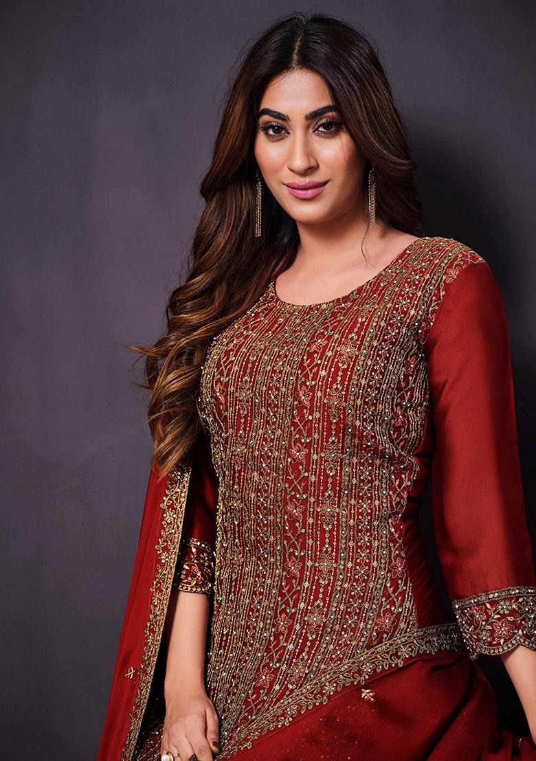 Red Embroidered Silk Salwar Kameez With Dupatta - Indya
