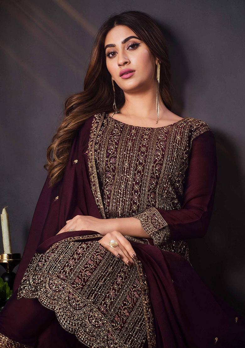 Brown Embroidered Silk Salwar Kameez With Dupatta - Indya