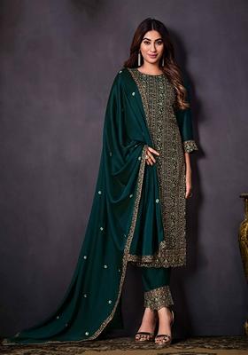 Blue Embroidered Silk Salwar Kameez With Dupatta