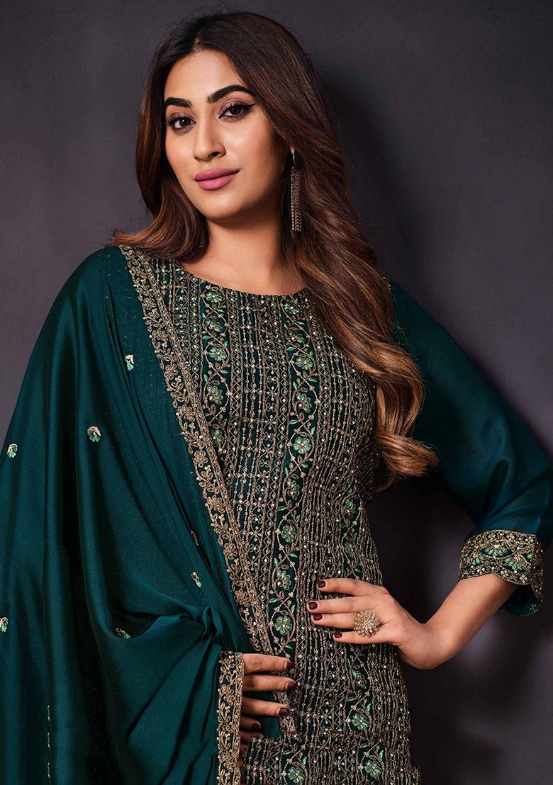 Blue Embroidered Silk Salwar Kameez With Dupatta - Indya