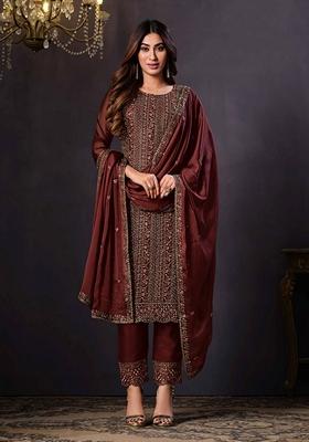 Brown Embroidered Silk Salwar Kameez With Dupatta