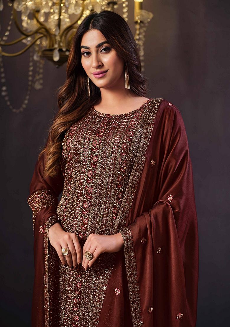 Brown Embroidered Silk Salwar Kameez With Dupatta - Indya