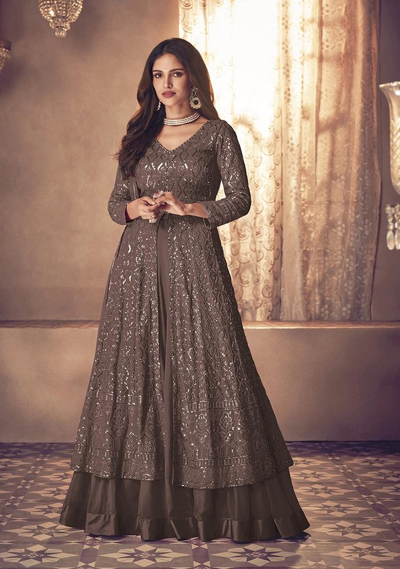 Brown Embroidered Georgette Salwar Kameez With Dupatta - Indya