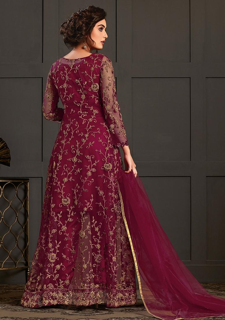 Pink Embroidered Net Kurta With Shrug - Indya