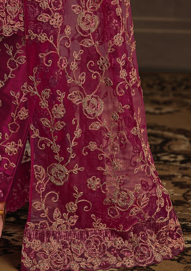 Pink Embroidered Net Kurta With Shrug - Indya