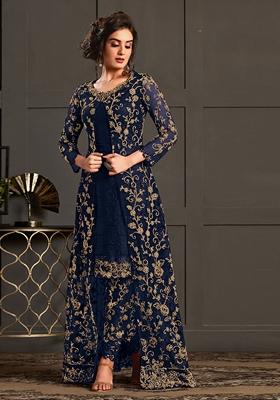 Blue Embroidered Net Kurta With Shrug