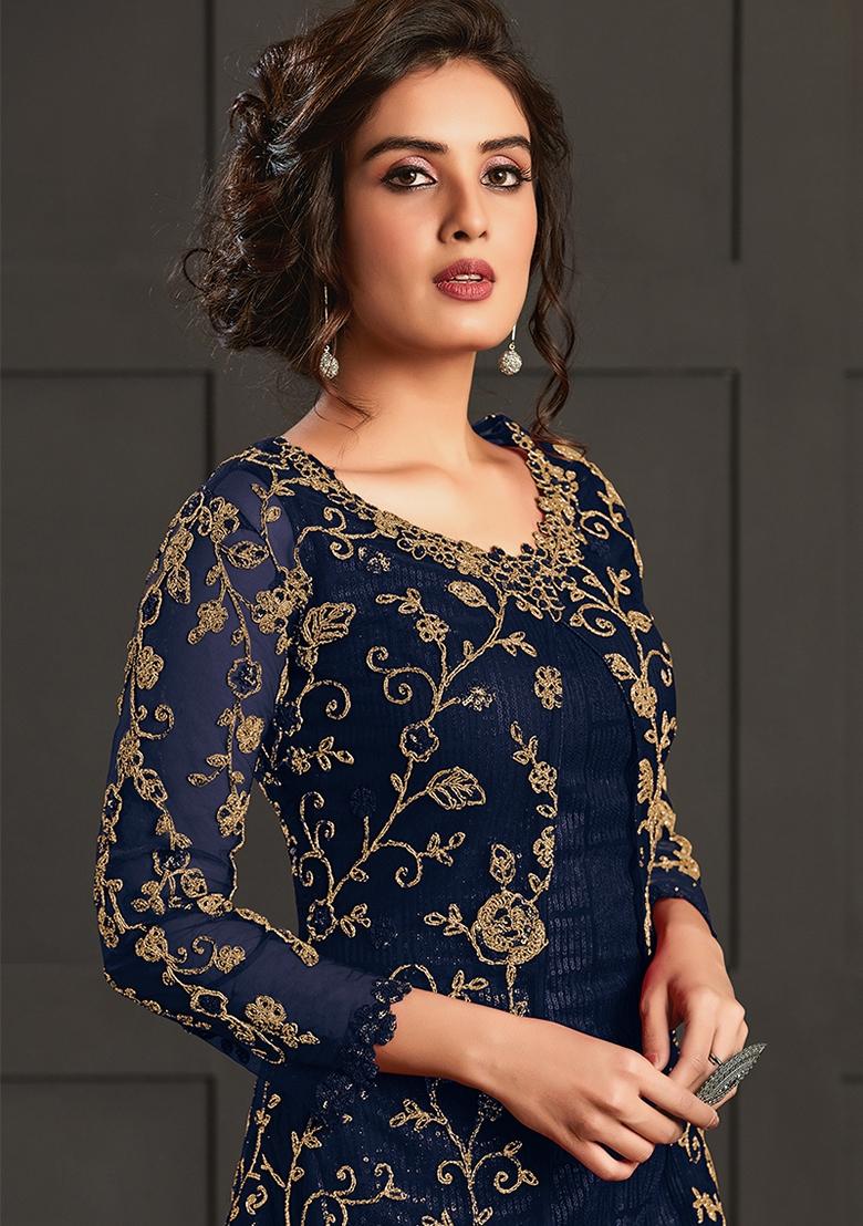Blue Embroidered Net Kurta With Shrug - Indya