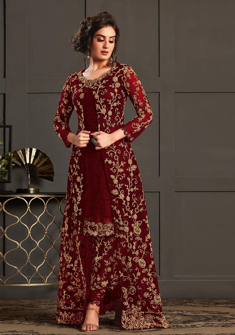 Maroon Embroidered Net Kurta With Shrug - Indya
