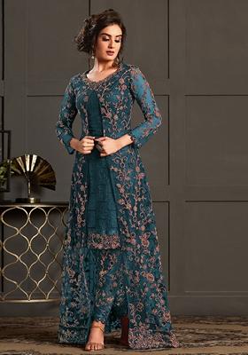 Blue Embroidered Net Kurta With Shrug