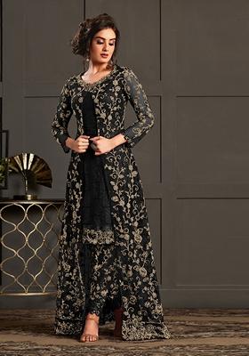 Black Embroidered Net Kurta With Shrug