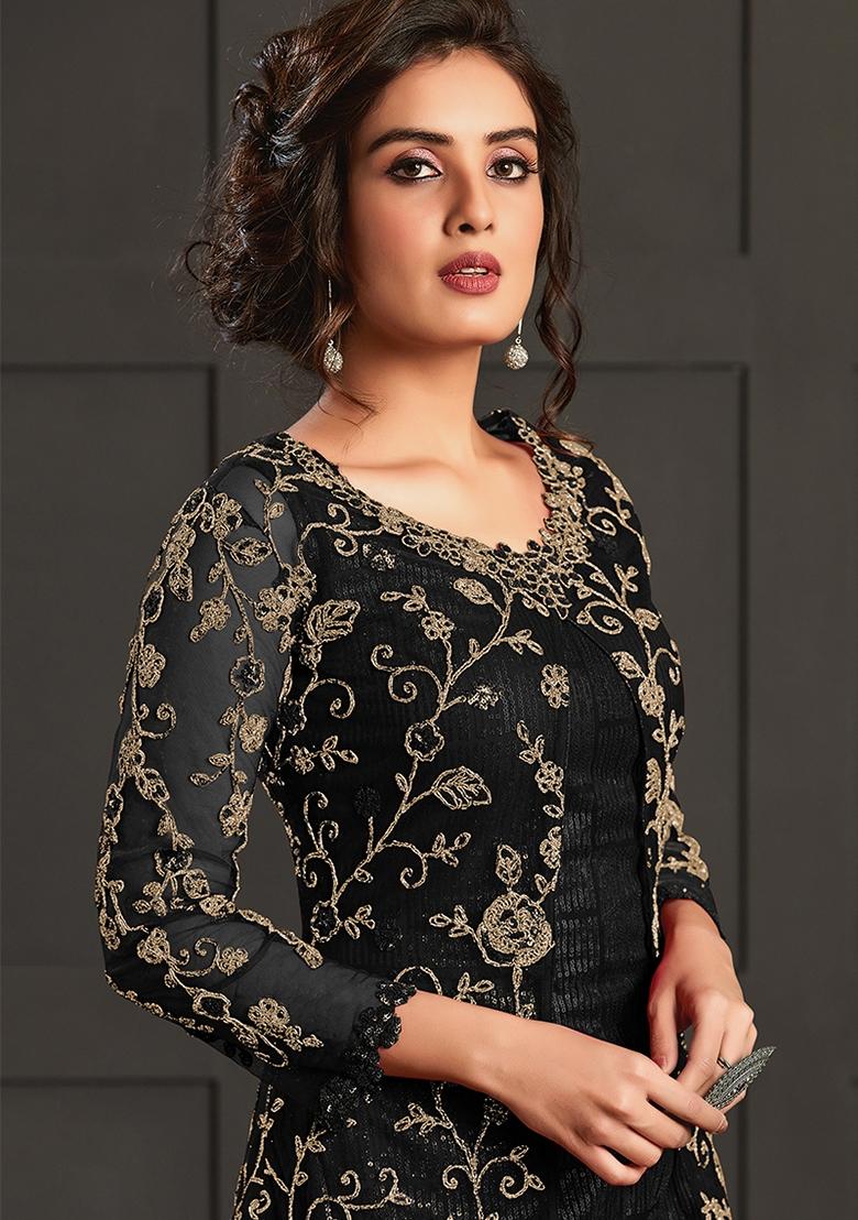 Black Embroidered Net Kurta With Shrug - Indya