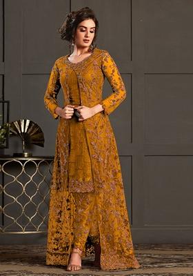 Red Embroidered Net Kurta With Shrug