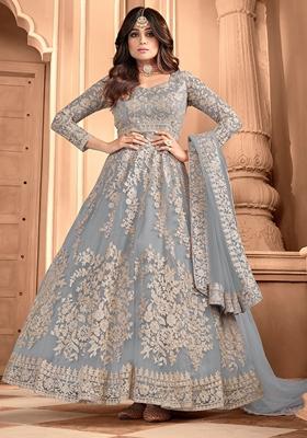 Grey Embroidered Net Anarkali Set With Dupatta