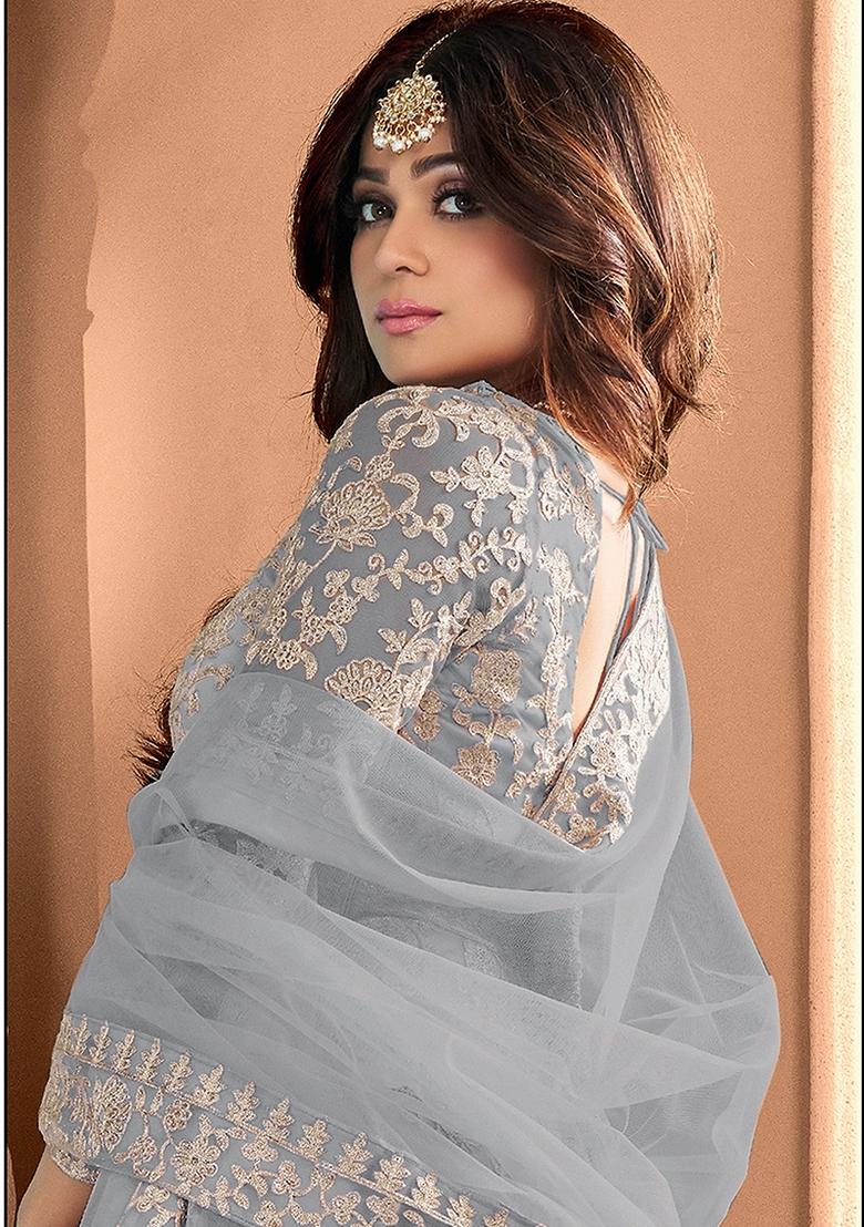 Grey Embroidered Net Anarkali Set With Dupatta - Indya