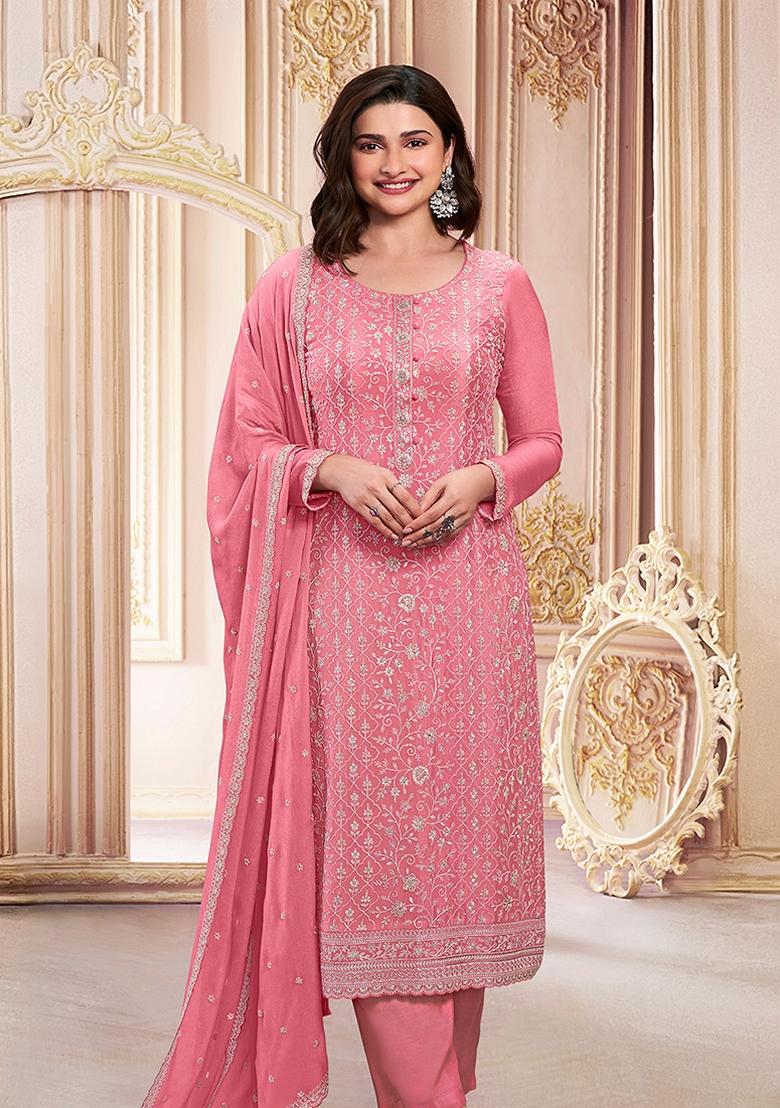 Pink Embroidered Georgette Salwar Kameez With Dupatta - Indya